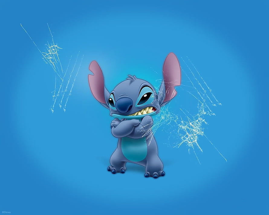 Stitch from Lilo and Stitch with a mischievous grin and electric sparks on a blue background HD wallpaper