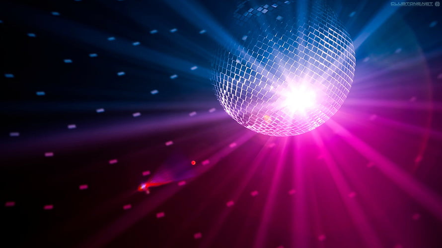 Vibrant disco ball with radiant pink and blue light beams in a dark club setting HD wallpaper