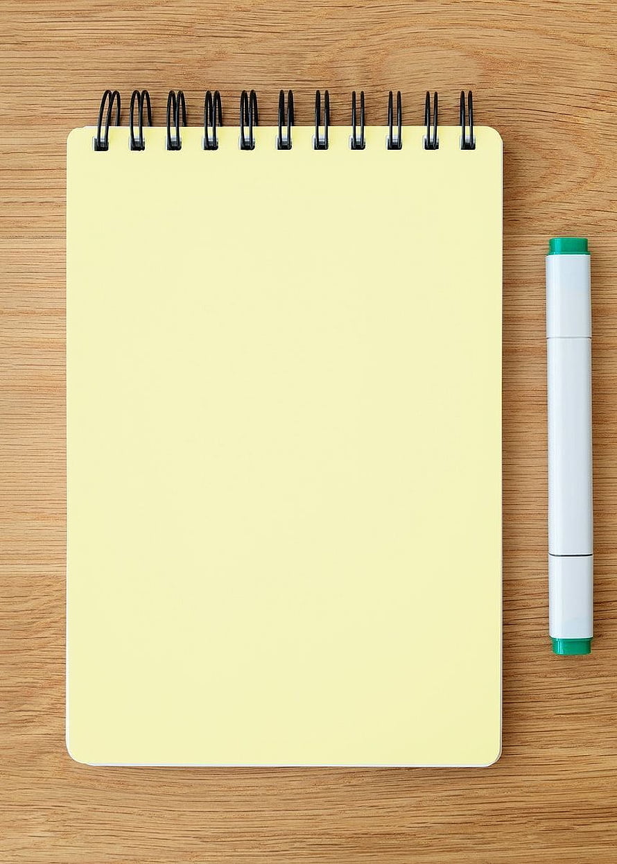 Blank yellow spiral notebook with white marker on wooden desk surface HD phone wallpaper