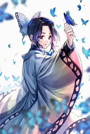 Shinobu Kocho from Demon Slayer in a flowing white kimono surrounded by blue butterflies HD phone wallpaper