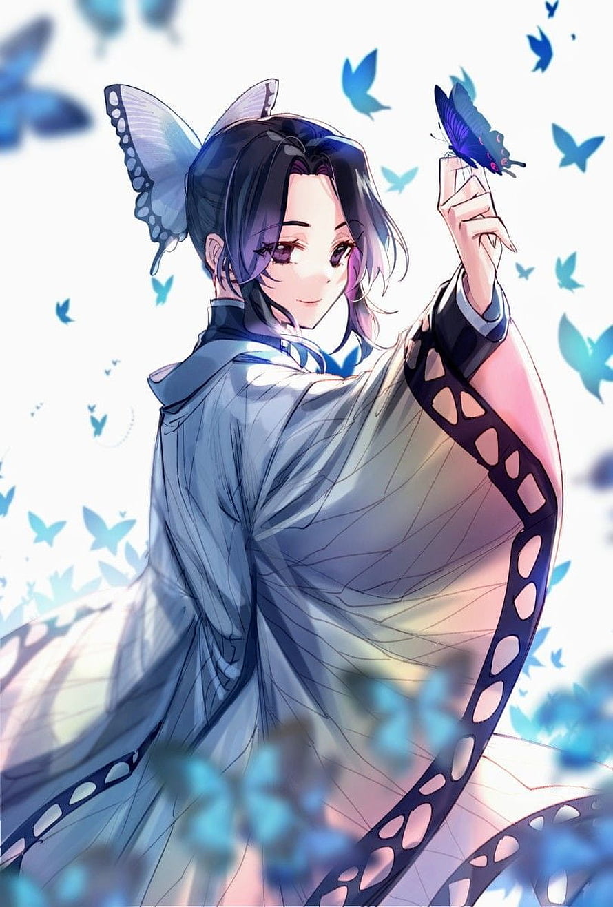 Shinobu Kocho from Demon Slayer in a flowing white kimono surrounded by blue butterflies HD phone wallpaper