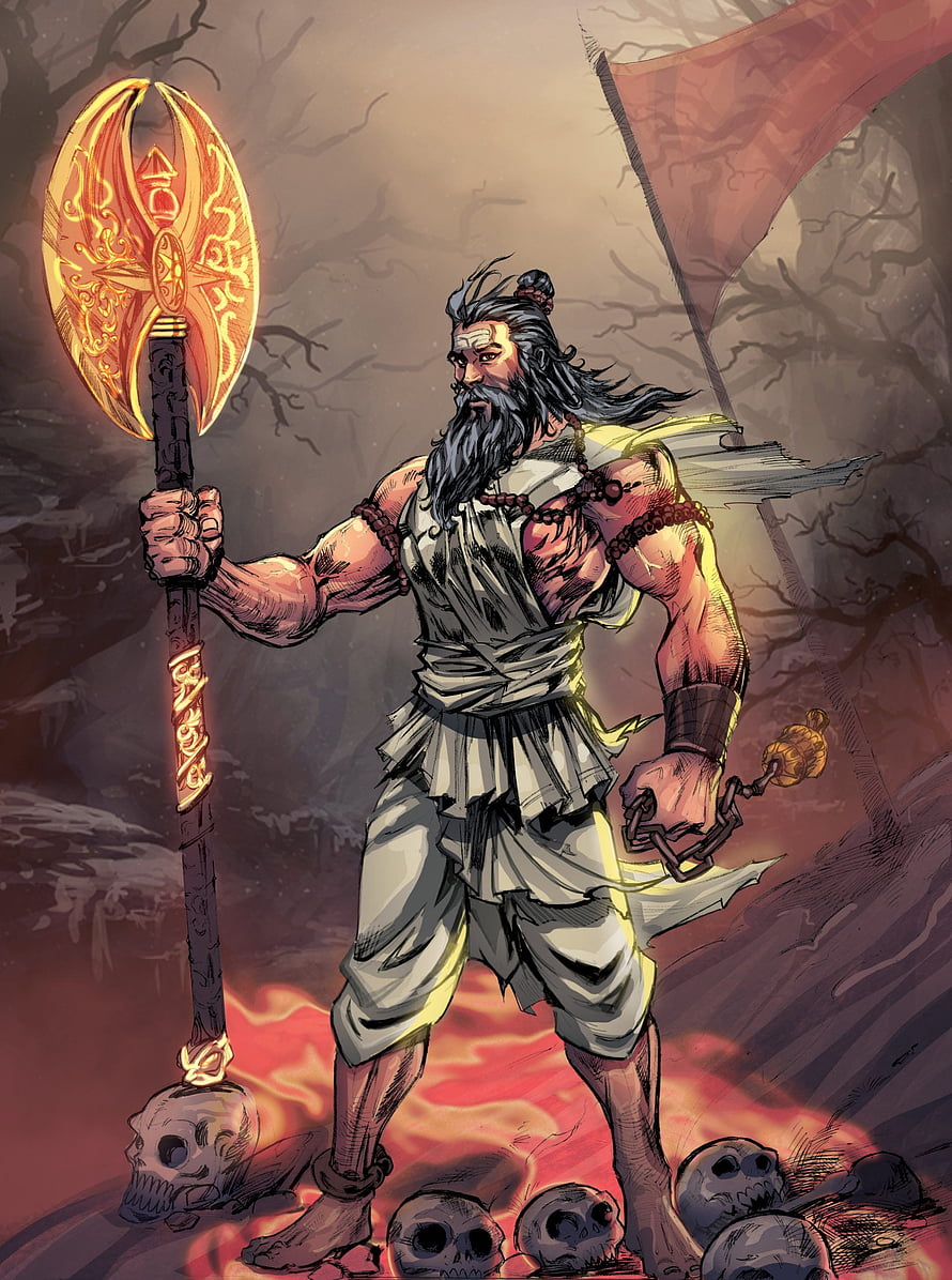 Lord Parshuram Warrior Illustration with Glowing Axe and Skulls HD phone wallpaper