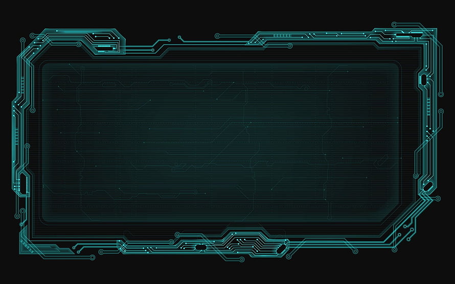 Futuristic Cyberpunk Circuit Board Interface Frame with Glowing Teal Traces on Dark Background HD wallpaper
