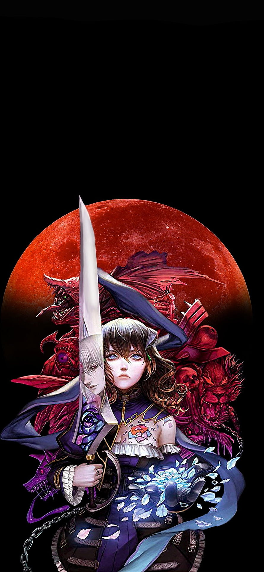 Bloodstained: Ritual of the Night Gothic Fantasy Artwork with Red Moon and Demonic Figures HD phone wallpaper