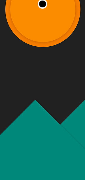 Minimalist Geometric Landscape with Orange Sun and Teal Mountains on Dark Background HD phone wallpaper
