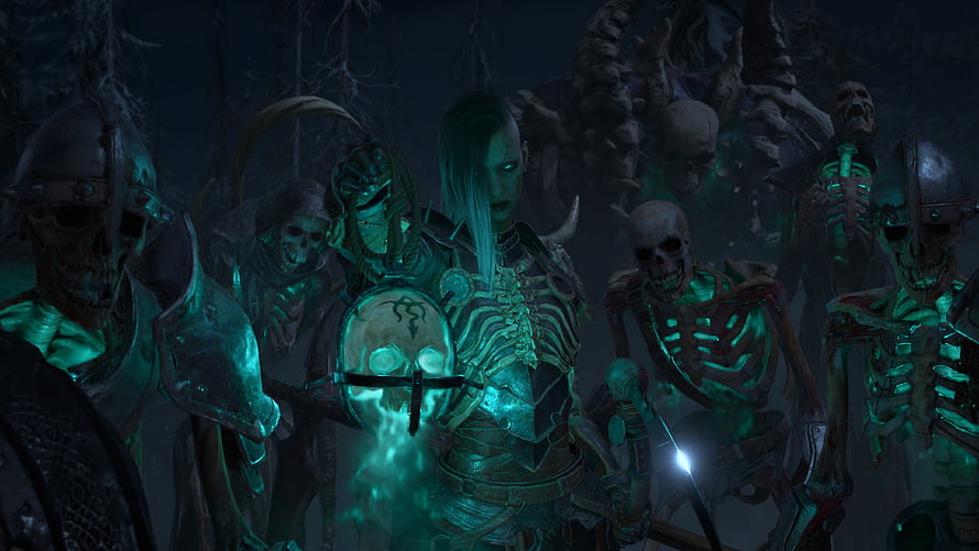 Diablo IV Necromancer Class Artwork with Skeletal Army and Dark Fantasy Atmosphere HD wallpaper