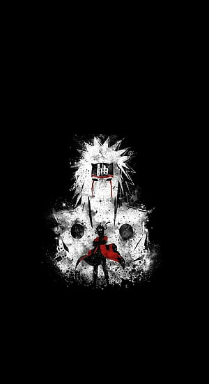 Naruto and Jiraiya Anime Artwork with Red Cloak and White Aura on Black Background HD phone wallpaper