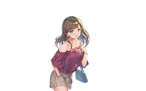 Anime Girl in Off-Shoulder Top and Shorts with Blue Eyes and Shoulder Bag HD wallpaper