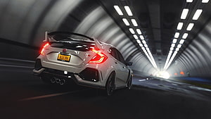 White Honda Civic Type R speeding through a tunnel with glowing red taillights and motion blur HD wallpaper
