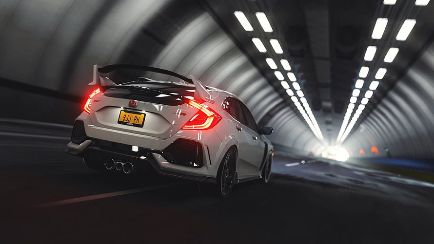 White Honda Civic Type R speeding through a tunnel with glowing red taillights and motion blur HD wallpaper