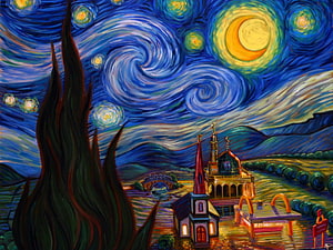Starry Night by Vincent Van Gogh: Swirling Night Sky, Cypress Tree, and Village Landscape Painting HD wallpaper