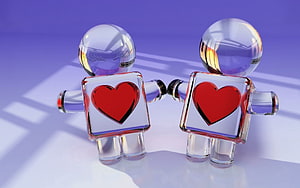 Two Glass Robot Figures Holding Hands With Red Hearts on Purple Background HD wallpaper