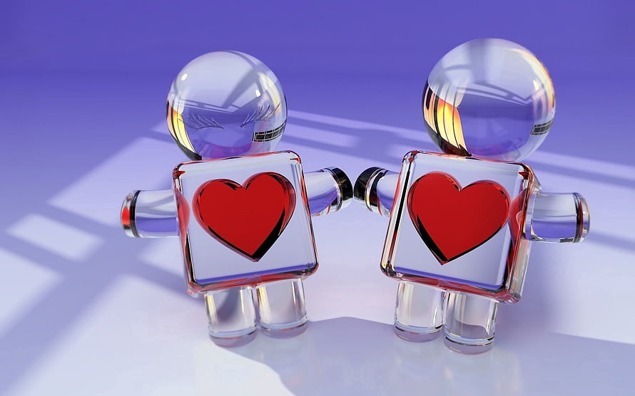 Two Glass Robot Figures Holding Hands With Red Hearts on Purple Background HD wallpaper