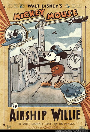 Mickey Mouse in Airship Willie Vintage 1928 Walt Disney Retro Poster HD phone wallpaper