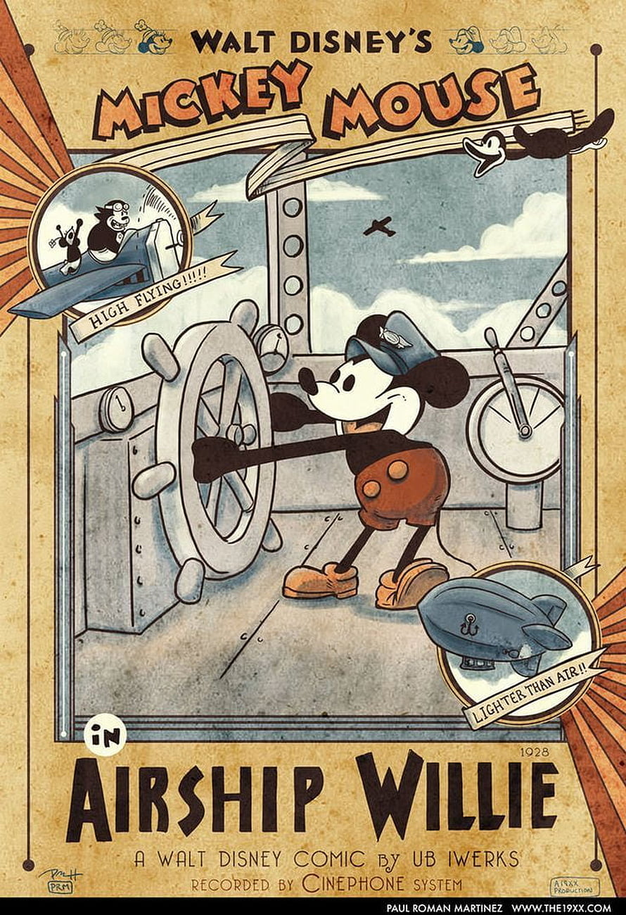 Mickey Mouse in Airship Willie Vintage 1928 Walt Disney Retro Poster HD phone wallpaper