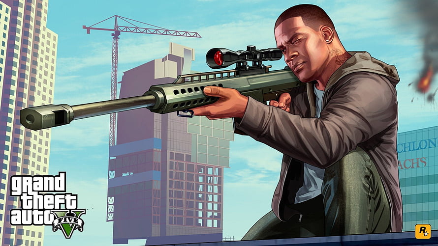 Grand Theft Auto V Franklin Character Artwork Aiming Sniper Rifle in Urban Cityscape HD wallpaper