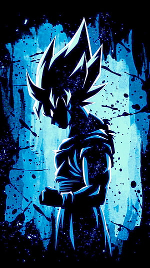Neon Blue Goku Silhouette with Spiky Hair and Ink Splatter Background HD phone wallpaper