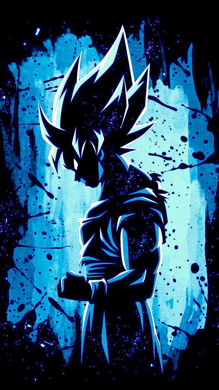 Neon Blue Goku Silhouette with Spiky Hair and Ink Splatter Background HD phone wallpaper