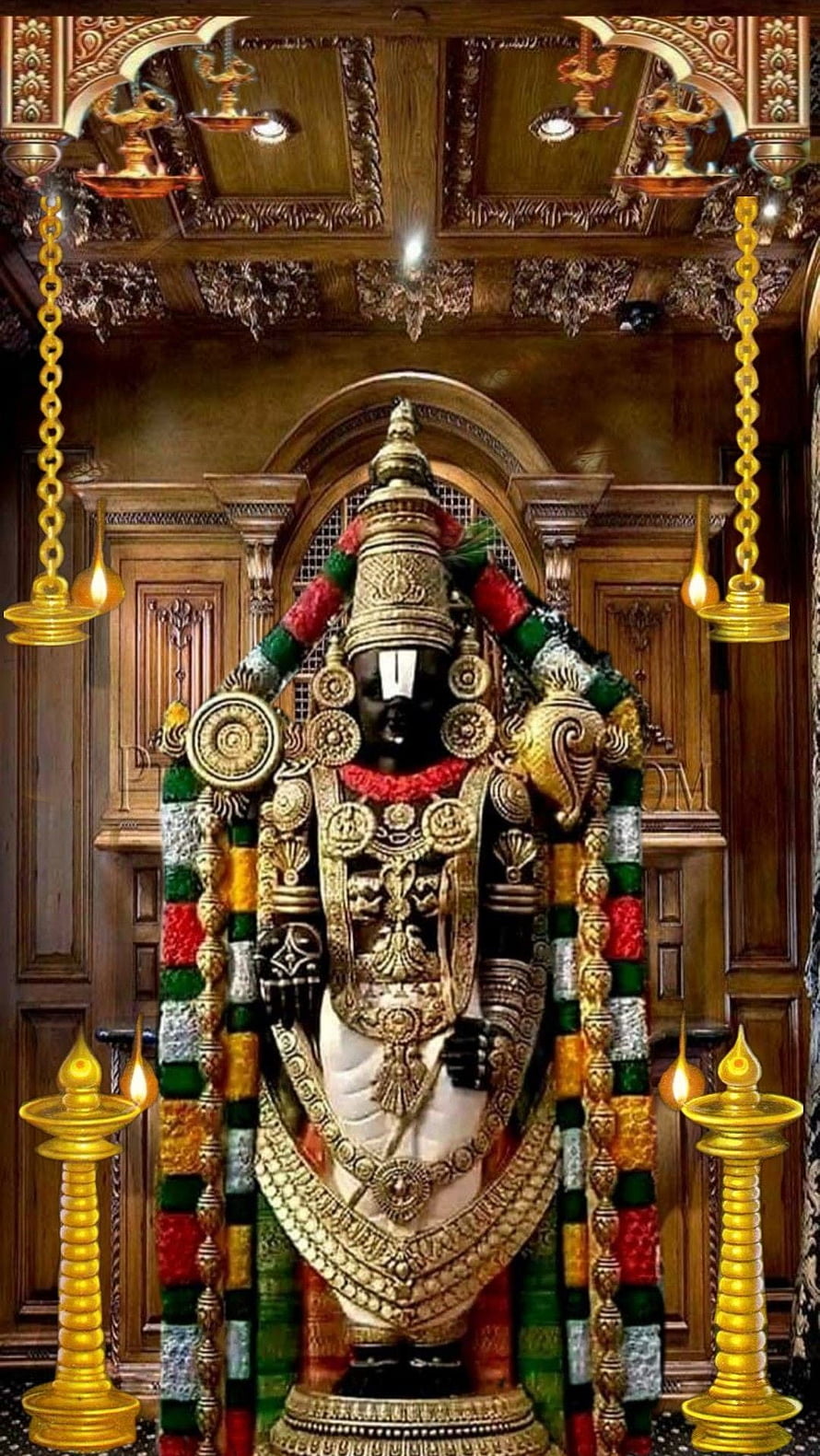 Ornate Lord Venkateswara Temple Idol with Gold Jewelry and Flower Garland HD phone wallpaper