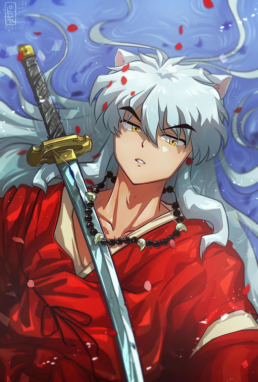 Inuyasha Anime Character Lying Down With Sword and Red Petals HD phone wallpaper