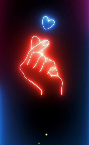 Neon Finger Heart Gesture with Glowing Blue Heart on Dark Background HD phone wallpaper