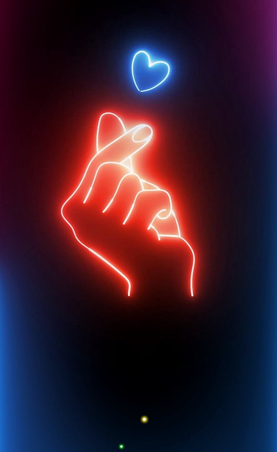 Neon Finger Heart Gesture with Glowing Blue Heart on Dark Background HD phone wallpaper