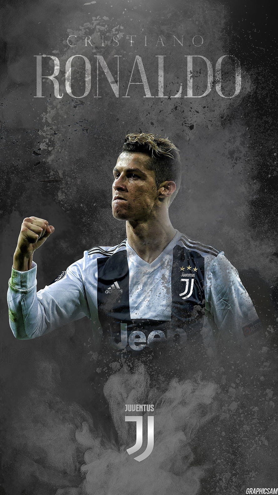 Cristiano Ronaldo in Juventus Kit with Fist Raised on Dark Grunge Background HD phone wallpaper