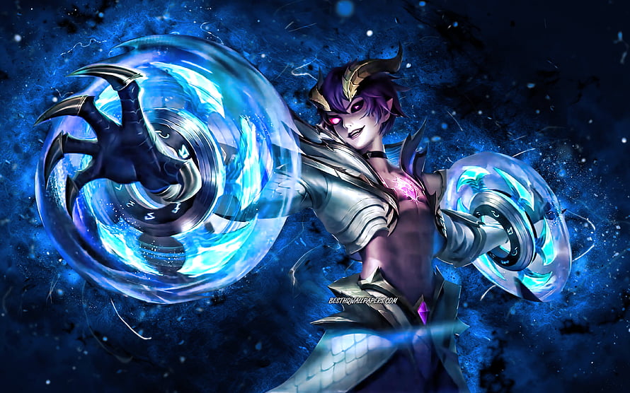 Dyrroth from Mobile Legends wielding glowing blue energy orbs in a dark fantasy battle scene HD wallpaper