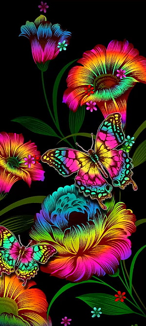 Vibrant Neon Butterfly and Rainbow Flower Digital Art on Black Background HD phone wallpaper