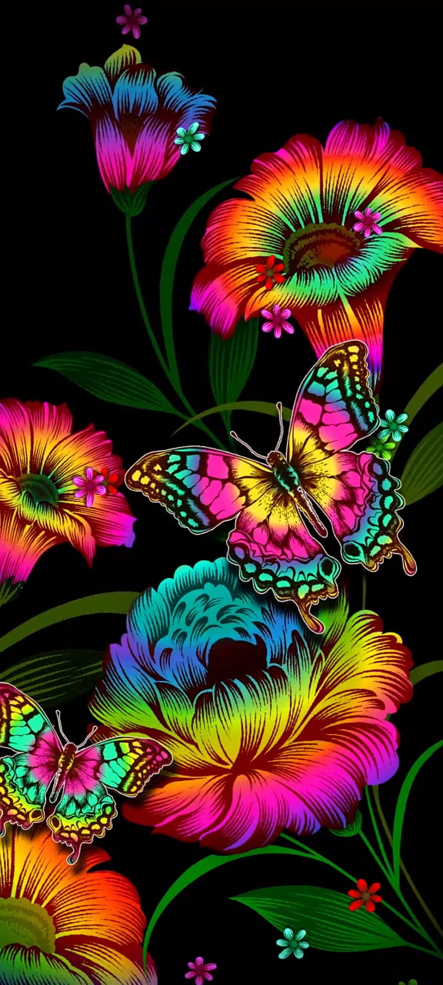 Vibrant Neon Butterfly and Rainbow Flower Digital Art on Black Background HD phone wallpaper