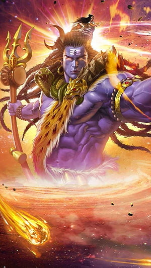 Rudra Shiva Wrathful God with Trident and Serpent in Cosmic Fire HD phone wallpaper