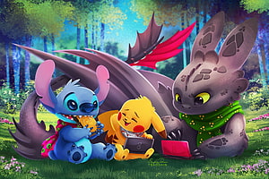Stitch, Pichu, and Toothless Enjoying Laptops in a Vibrant Forest HD wallpaper