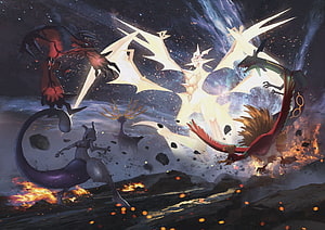 Pokémon Ultra Necrozma, Solgaleo, and Lunala Epic Battle Scene HD wallpaper