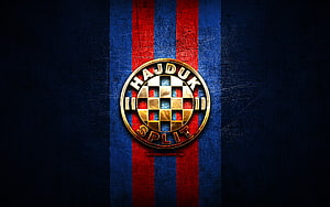 Hajduk Split FC Golden Emblem on Textured Blue and Red Striped Background HD wallpaper