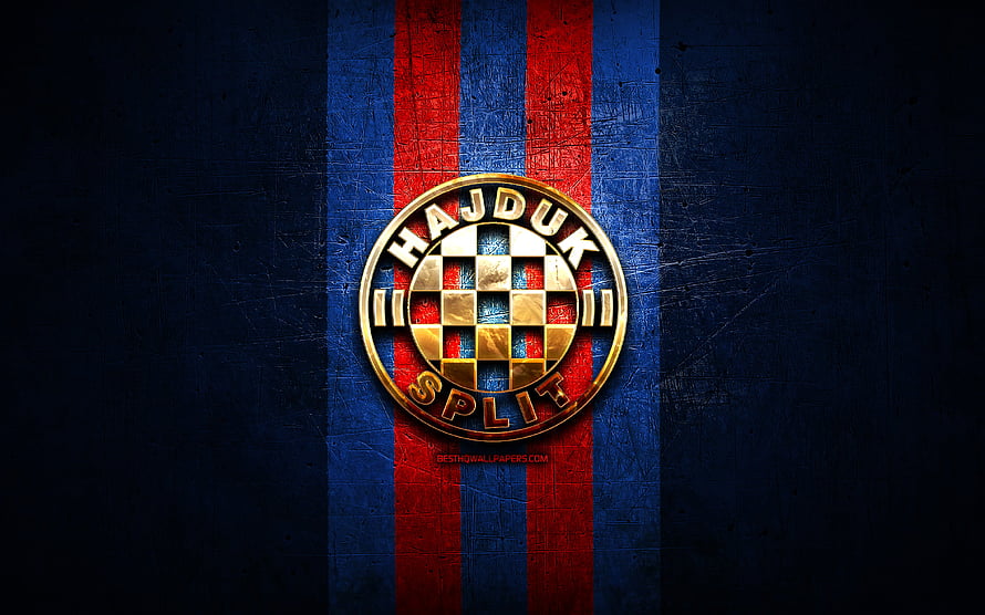 Hajduk Split FC Golden Emblem on Textured Blue and Red Striped Background HD wallpaper