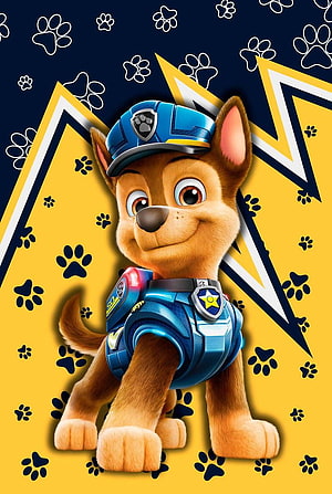 Chase from Paw Patrol in Blue Police Gear with Yellow Lightning Background HD phone wallpaper