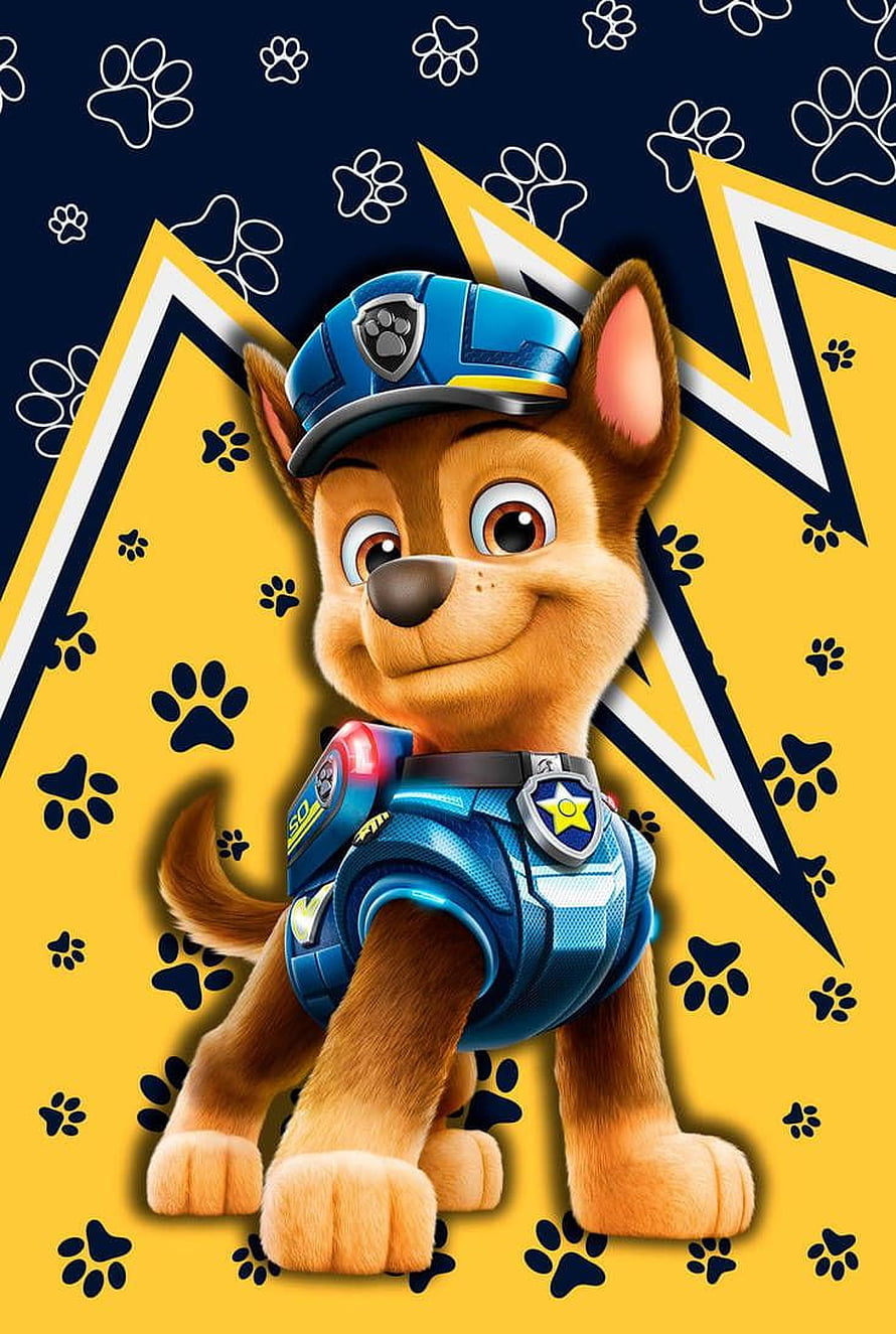 Chase from Paw Patrol in Blue Police Gear with Yellow Lightning Background HD phone wallpaper
