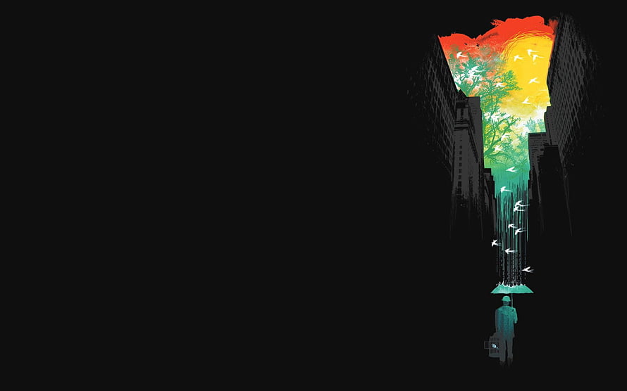 Lone Figure with Umbrella Beneath a Vibrant Urban Canyon of Light and Birds HD wallpaper