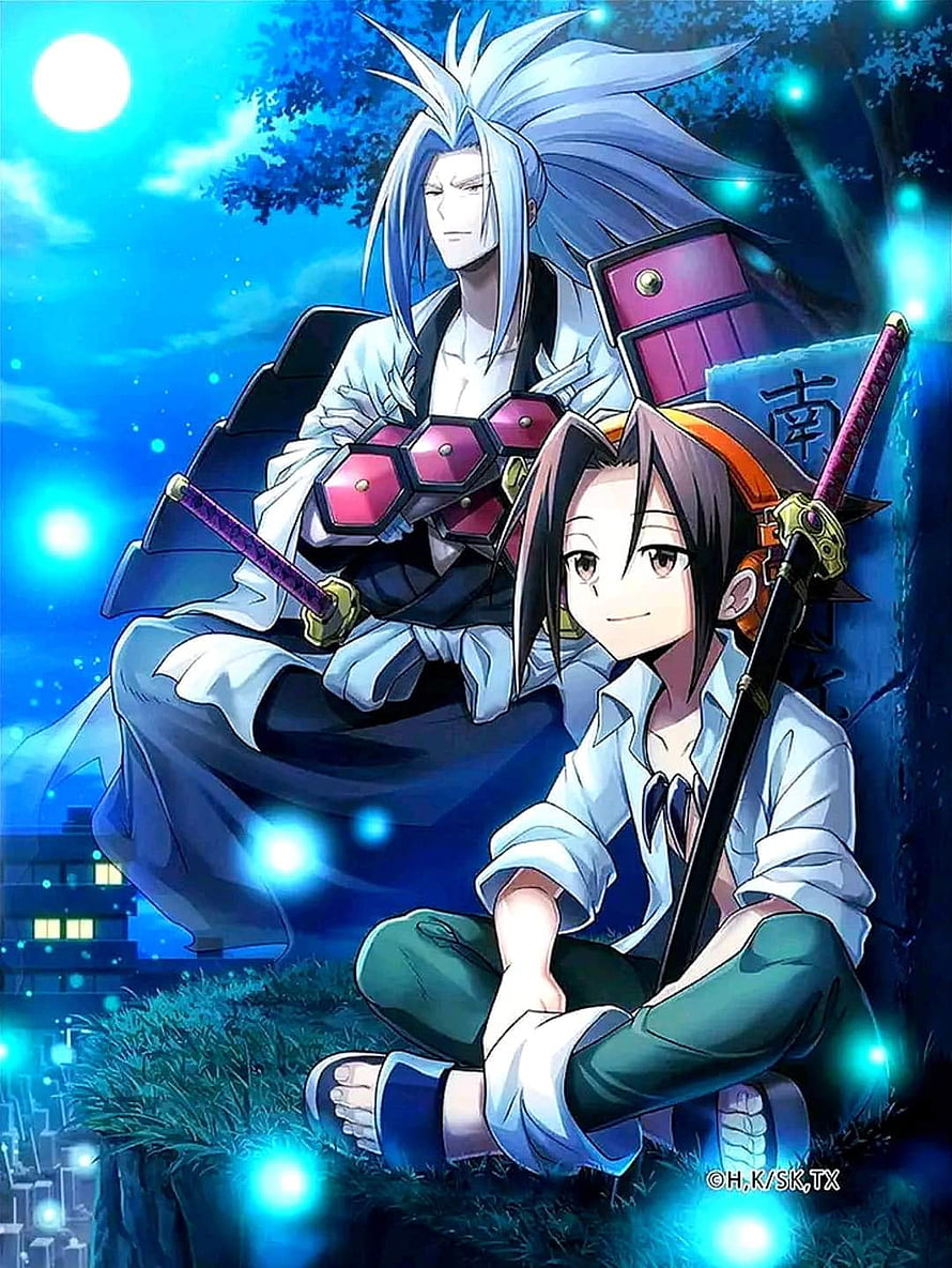 Shaman King Anime Illustration Featuring Yoh Asakura and Hao Under a Moonlit Night Sky HD phone wallpaper