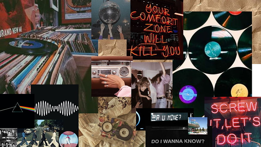 Retro 80s Music Aesthetic Collage with Vinyl Records, Neon Signs, and Vintage Audio Equipment HD wallpaper