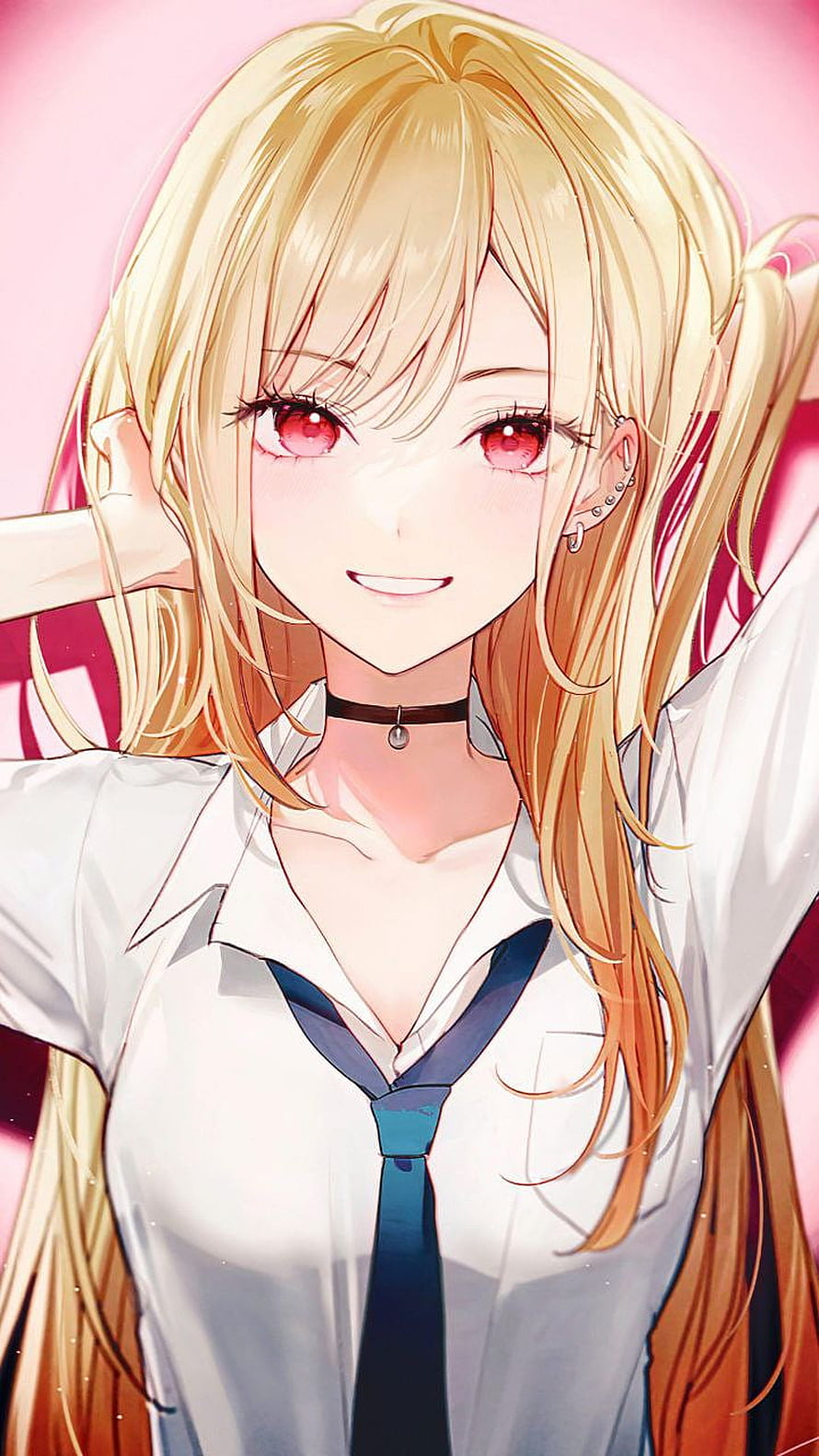 Marin Kitagawa Anime Girl in White Shirt and Tie with Blonde Hair HD phone wallpaper