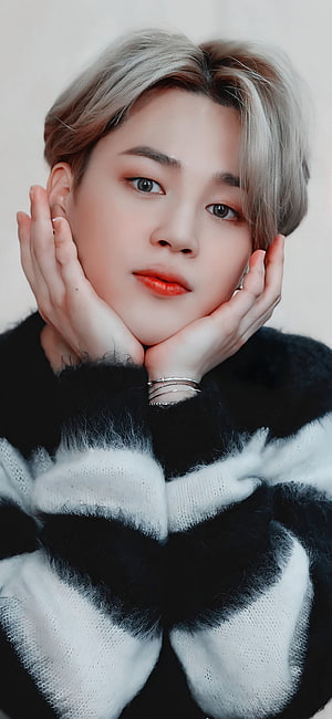 Jimin from BTS in a black and white striped sweater with silver hair and red lips HD phone wallpaper