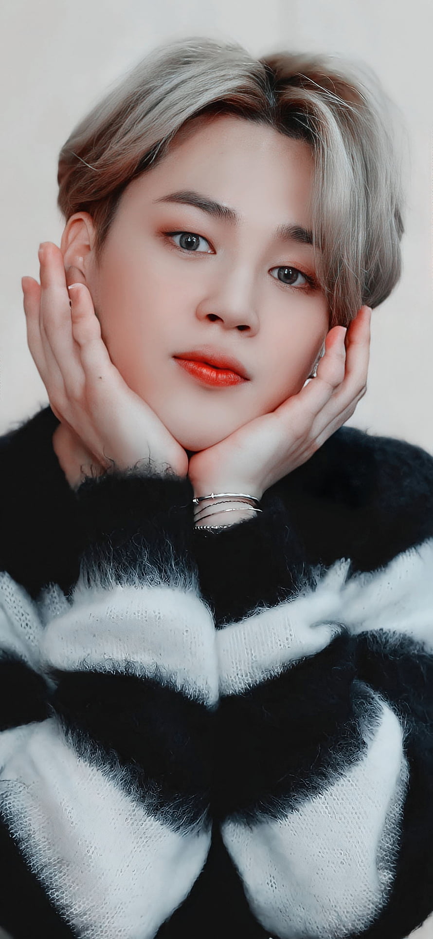 Jimin from BTS in a black and white striped sweater with silver hair and red lips HD phone wallpaper
