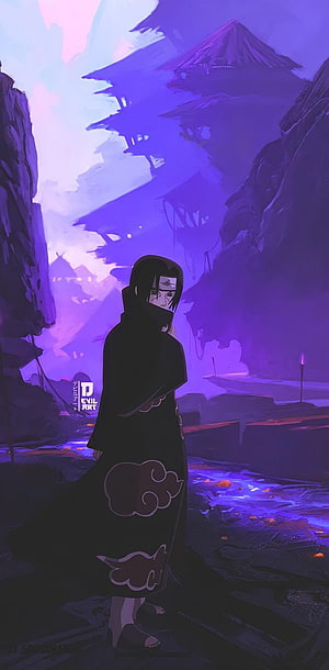 Itachi Uchiha in Akatsuki Cloak Amidst a Purple Misty Mountain Valley HD phone wallpaper