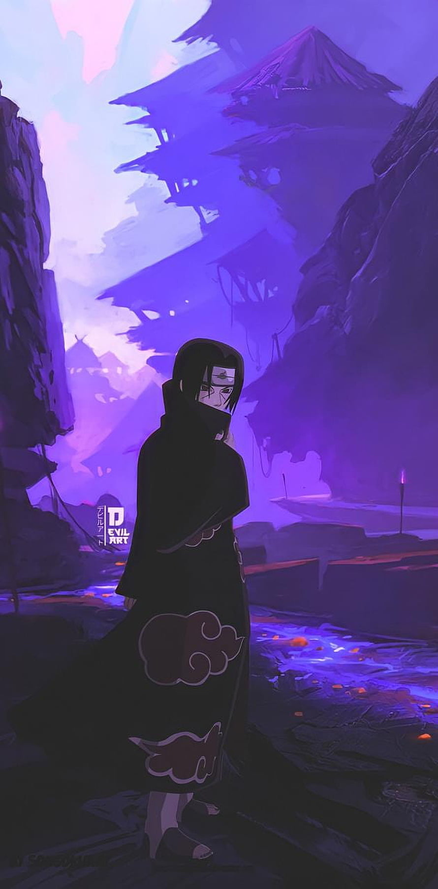 Itachi Uchiha in Akatsuki Cloak Amidst a Purple Misty Mountain Valley HD phone wallpaper