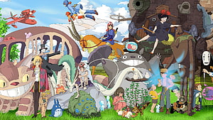 Studio Ghibli Character Collection Featuring Totoro, Kiki, and Howl in a Vibrant Fantasy Landscape HD wallpaper