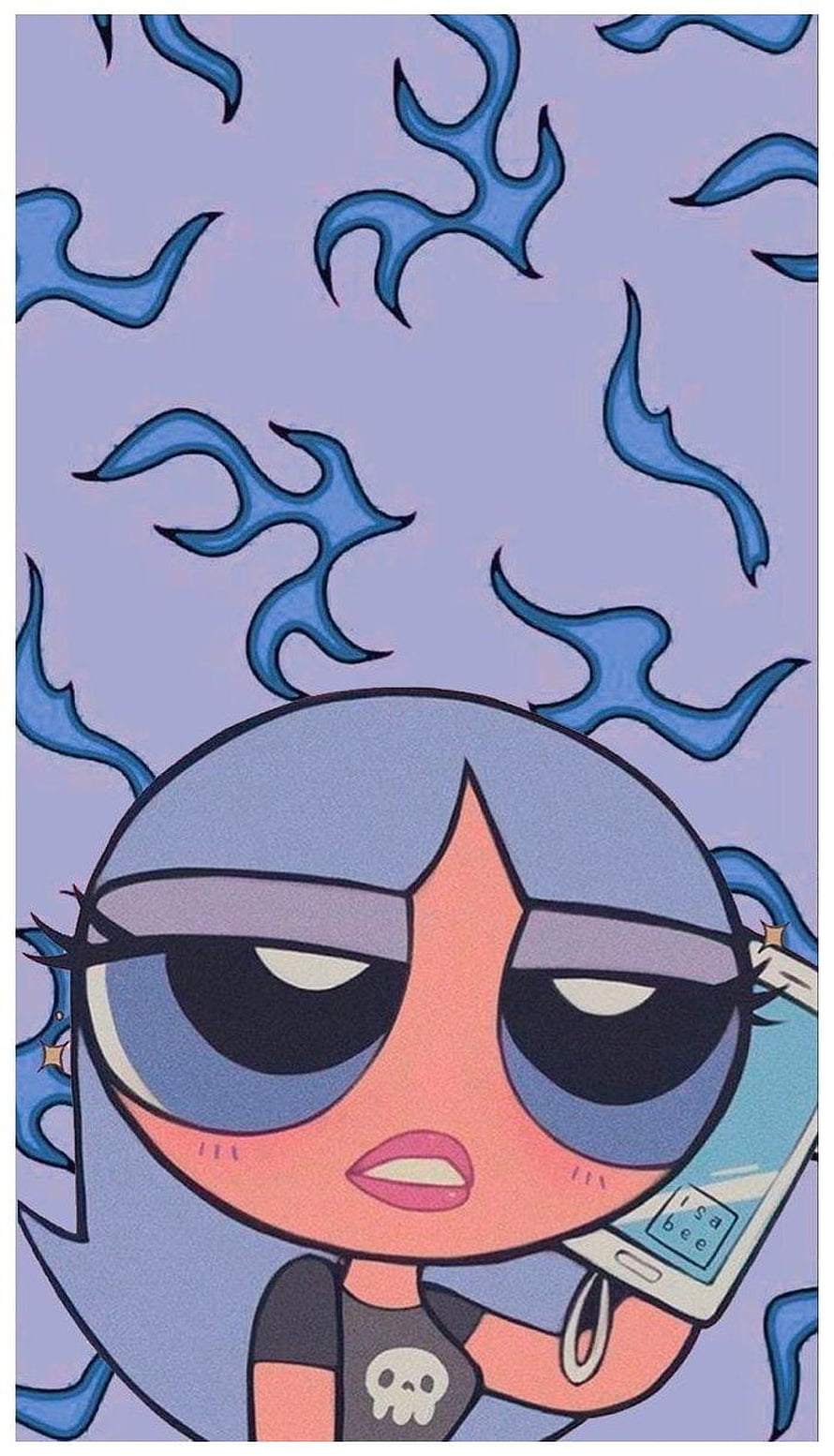 Bubbles from The Powerpuff Girls holding a phone with blue flame background HD phone wallpaper
