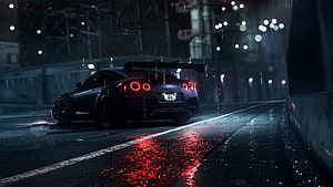 Nissan GT-R R35 on a Rainy Night Street with Red Taillight Reflections HD wallpaper