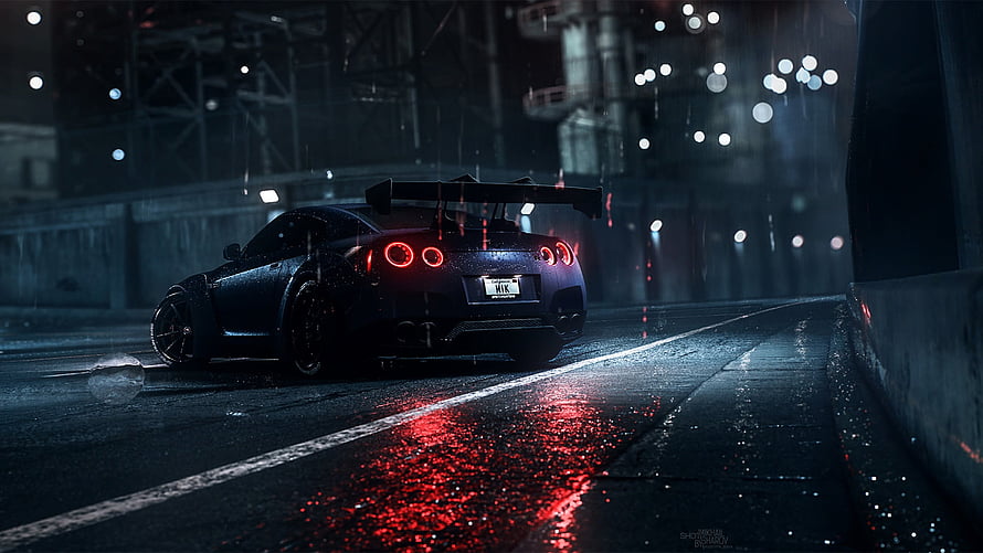 Nissan GT-R R35 on a Rainy Night Street with Red Taillight Reflections HD wallpaper