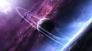 Vibrant Ringed Planet Floating in a Purple and Blue Cosmic Nebula HD wallpaper